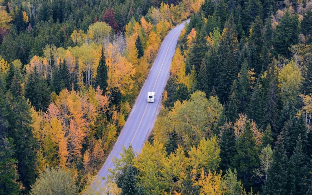 RV driving down wooded highway